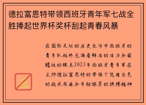 德拉富恩特带领西班牙青年军七战全胜捧起世界杯奖杯刮起青春风暴 德拉富恩特带领西班牙青年军七战全胜捧起世界杯奖杯刮起青春风暴