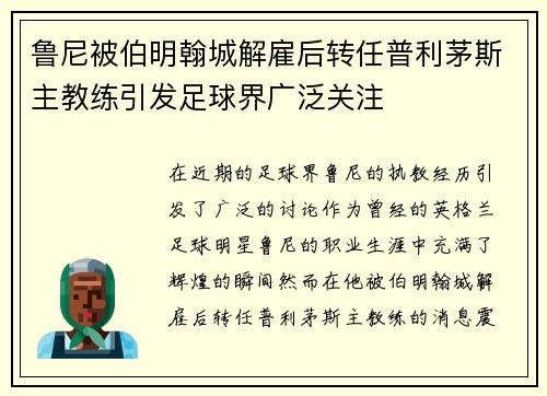 鲁尼被伯明翰城解雇后转任普利茅斯主教练引发足球界广泛关注